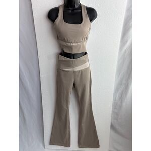 Velocity Colorblock Taupe Active Stretch Set Flare Leggings Sport Bra Yoga Gym M